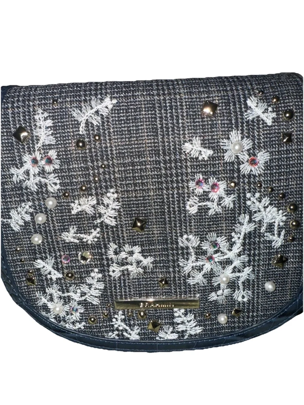 Brahmin Navy Leather Floral Embroidered Crossbody